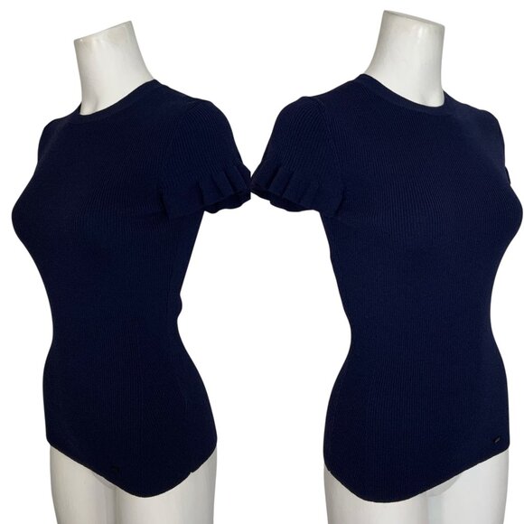 Ted Baker Tashhaa Frill Rib Knit Top Sweater 2 US/S Navy - Picture 3 of 13